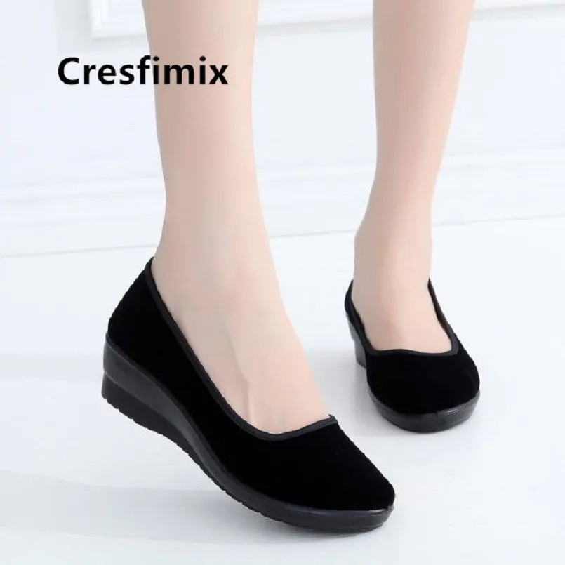 Cresfimix women fashion wedge heel black ballet shoes ladies casual dance shoes cool slip on spring shoes dames schoenen a5489