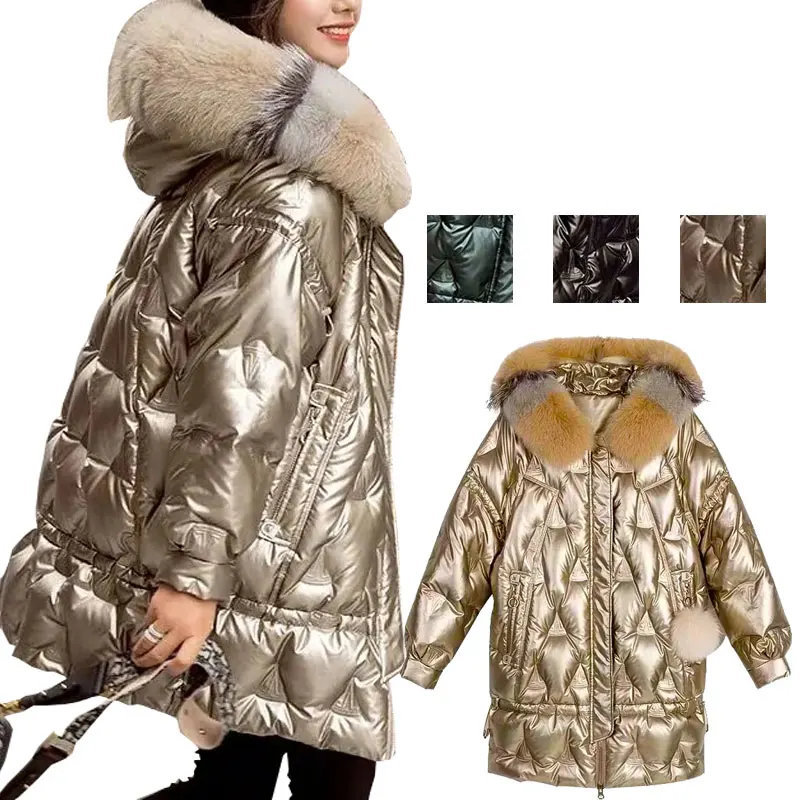 Winter Lightweight Down Jacket Women Thick Warm Loose Doudoune Pocket Ultra Light Duck Down Big fur collar sequin bread coat new