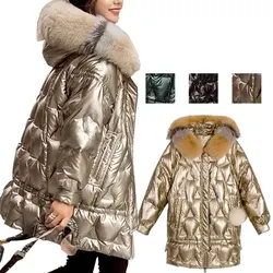 Winter Lightweight Down Jacket Women Thick Warm Loose Doudoune Pocket Ultra Light Duck Down Big fur collar sequin bread coat new