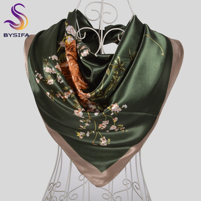 [BYSIFA] Chinese Style Peony Silk Scarf Shawl Women Army Green Large Square Scarves Wraps Muslim Ladies Head Neck Scarf Hijab