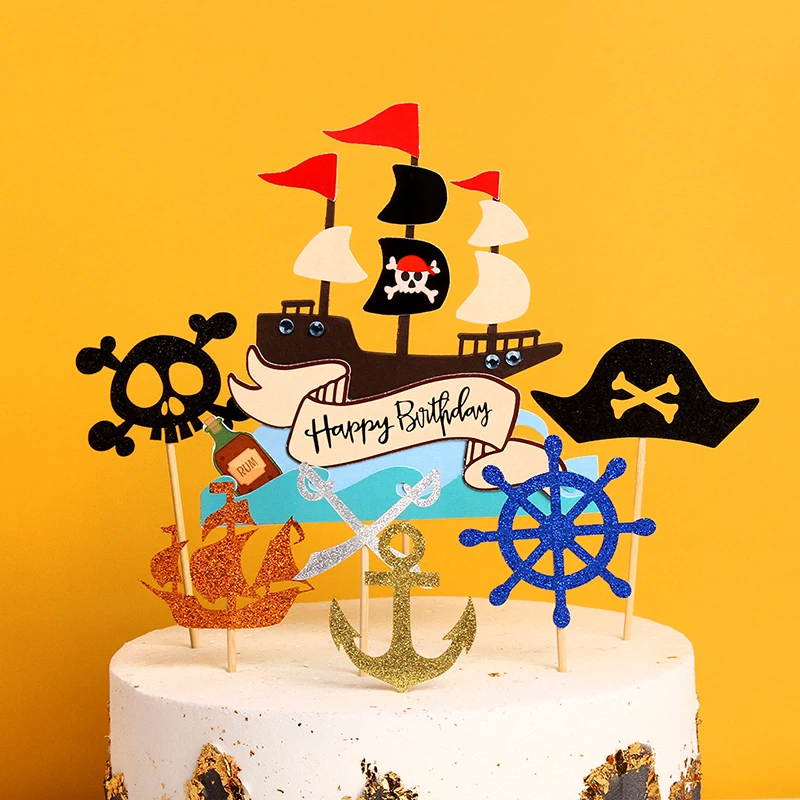 Nautical Cake Topper Flags Skeleton Pirate Ship The Skull and Bones Rainbow Cupcake Toppers Birthday Decoration Party Baking DIY