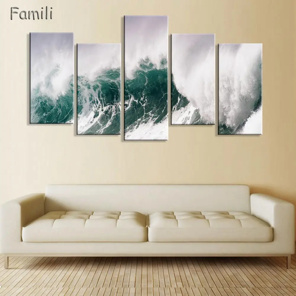 5Pieces Art Modern sea green blue beach Wave picture decoration canvas painting wall picture for living room home decor unframed