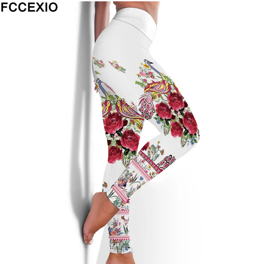 FCCEXIO Legging Elastis Kebugaran Pinggang Tinggi Baru Lukisan Tinta Bunga 3D Cetakan Legging Seksi Celana Olahraga Latihan Kasual