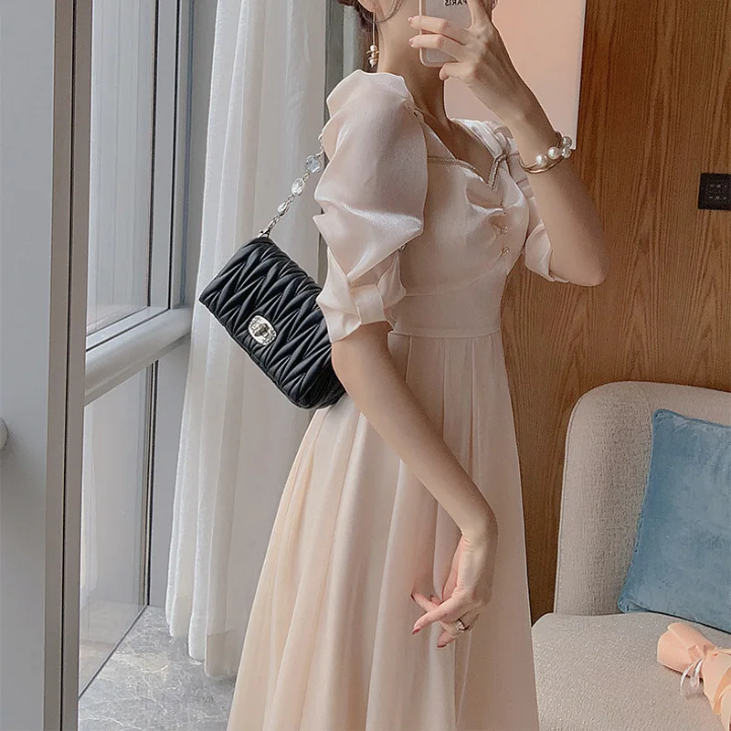 Temperament Slim Short Skirt for Women, Sweet Bubble Sleeve, Pearl Bow Tie, Princess A-Line, Button Dresses, Pure Color, Elegant