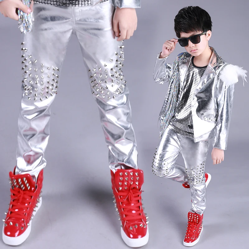 Hip Hop Costume Boys Silver Sequin Fringed Jacket Children Street Dancing Clothing Jazz Stage Wear Birthday Outfits Kids DN4975