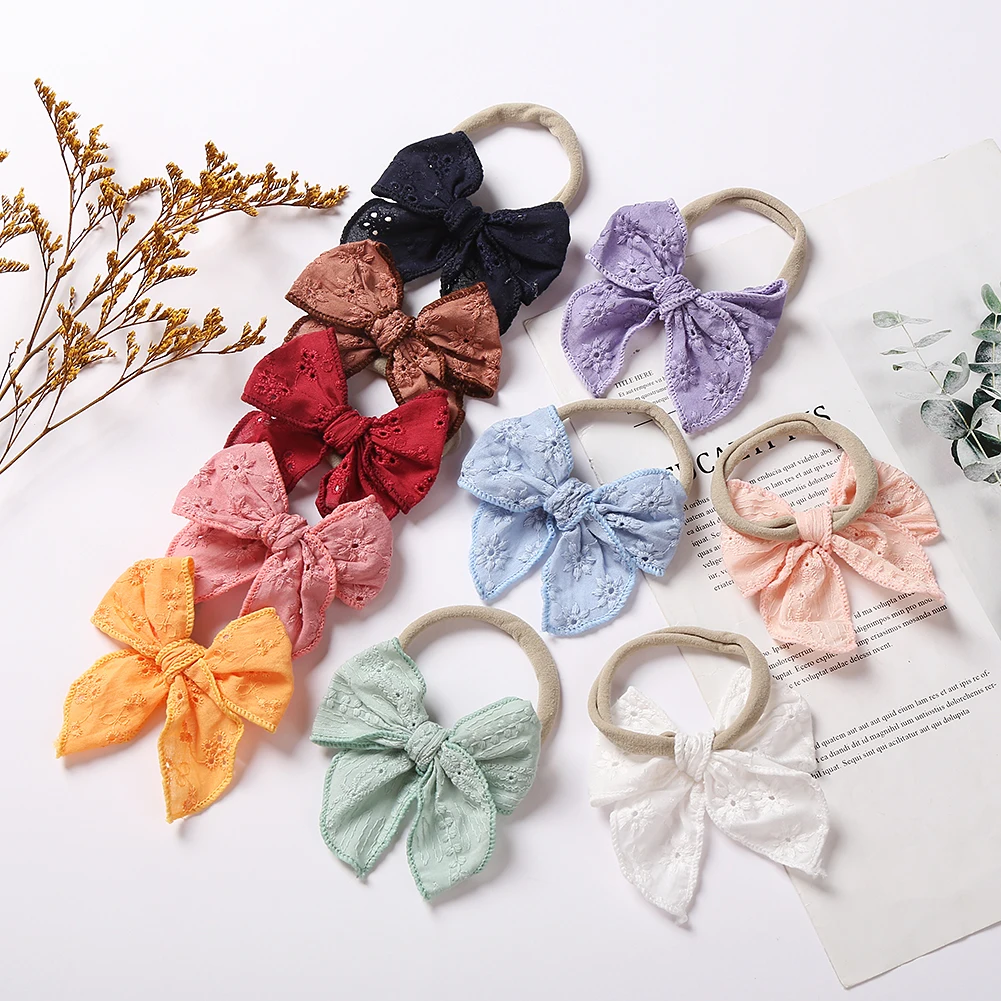 

New Solid Lace Embroidery Headband for Baby Boy Girls Summer Princess Hair Bow Tie Nylon Bands Boutique Elastic Kids Headwear