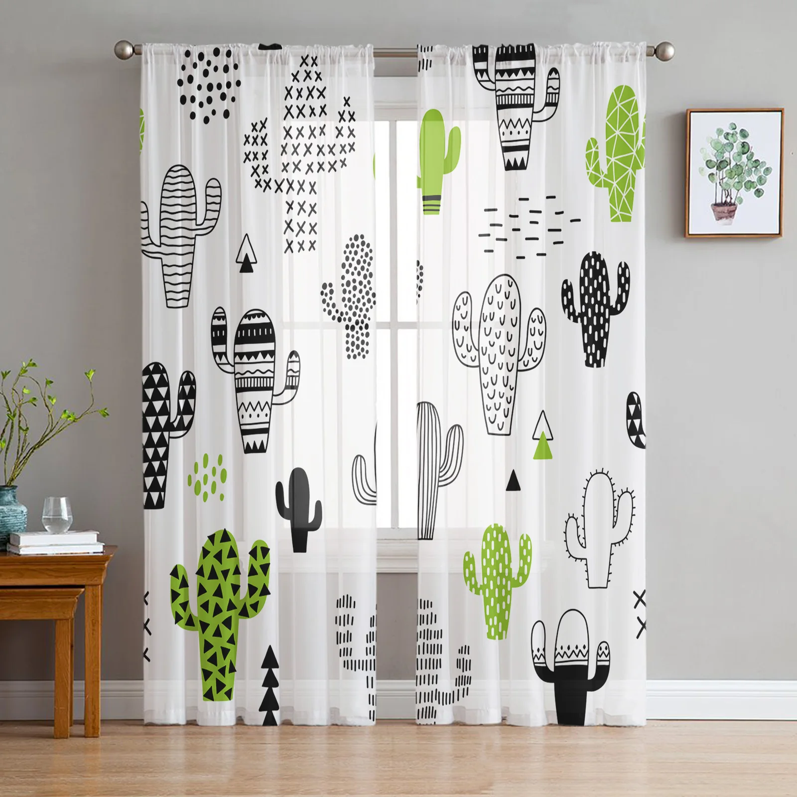 

Cartoon Graffiti Green Black White Cactus Sheer Curtains for Living Room Modern Bedroom Voile Tulle Curtain Window Drapes