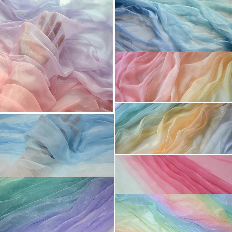 Multicolor Gradient Brocade Silk Chiffon Fabric Shaded Color Tulle Handmade DIY Window Screening Dress Stage Arrangement D813