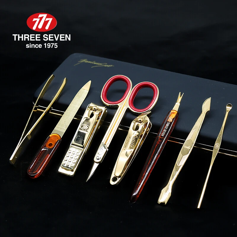 THREE SEVEN/777 Classic Luxury Nail Clippers Trimmers Kit 14K Gold-plated Earpick/Nail file/Eyebrow clip 8 in 1 Nail Art & Tools