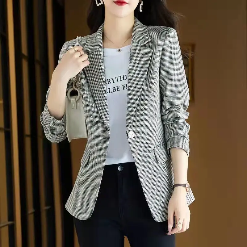 Blazer da donna a quadri autunnali bottone singolo Business Vintage elegante cappotto pied de poule capispalla da donna da ufficio Blazer Casual top