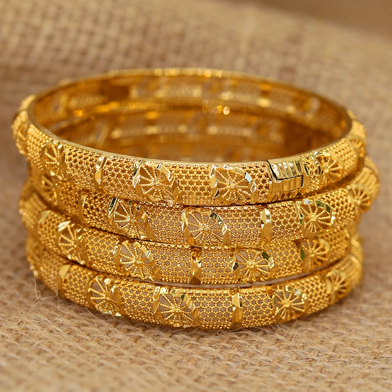 4pcs/lot  24K Dubai Bangles For Women Ethiopian Africa Fashion Gold Color Saudi Arabia Bride Wedding Bracelet Jewelry Gifts