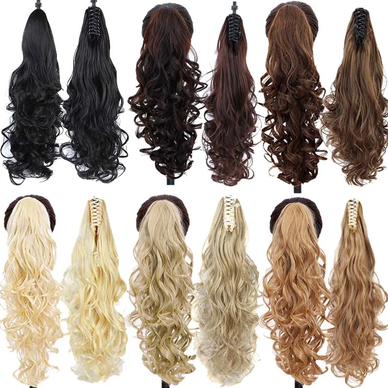 AILIADE extensiones de cola de caballo onduladas largas resistentes al calor, coletas de garra sintética, postizos de Color marrón de 24 pulgadas