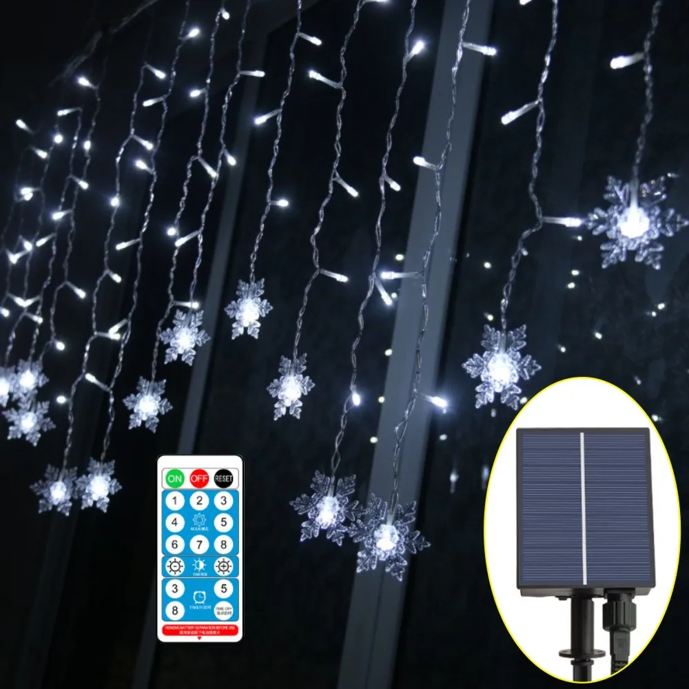 3.5M 96 Leds Solar Snowflake Icicle Light 8 Modes Christmas Curtain String Light Hanging Garland Decoration Room Window Wedding