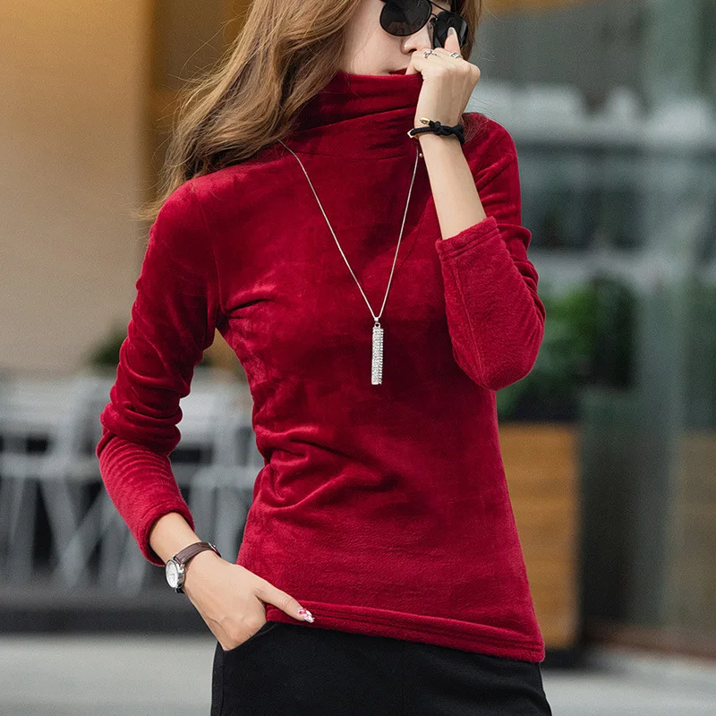 Plus Size S-4XL Turtleneck Velvet Fleece T-shirt Women Autumn Winter Stretchy Long Sleeve   Thick Warm Winter Velvet Tops Female