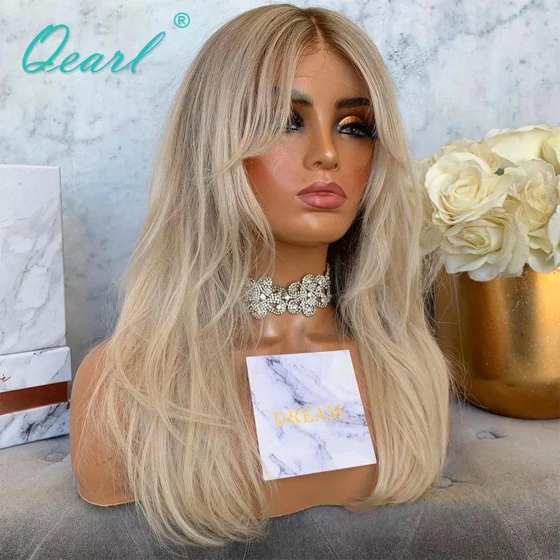 Ombre Light Ash Blonde HD Lace Frontal Wig Fringe 13x6 Human Hair Wigs Full Lace Wig Natural Straight 180% Cheap Sale Qearl