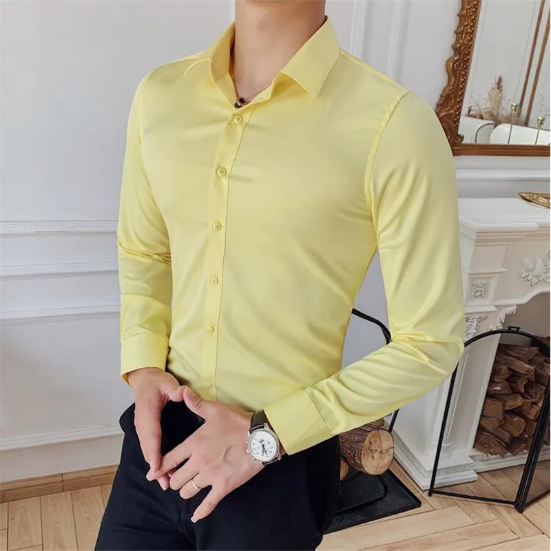 High Quality New Solid Dress Shirt Men Long Sleeve Fashion Slim Male Social Casual Business Shirt Black White Green Dress Shirt