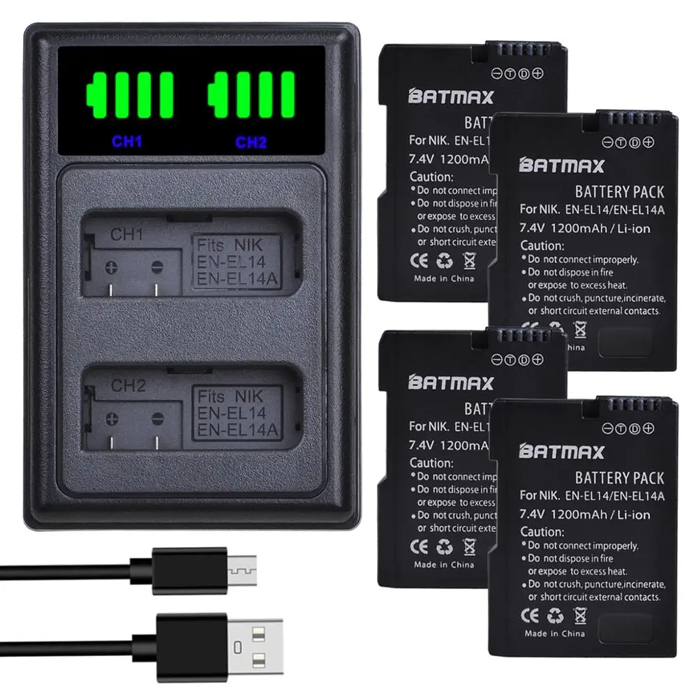 

Batmax EN-EL14 EN-EL14a Battery+LED Dual Charger with Type C Port for Nikon DF,D3400,D5500,D5300,D5200,D3200,D3300,P7800,P7100