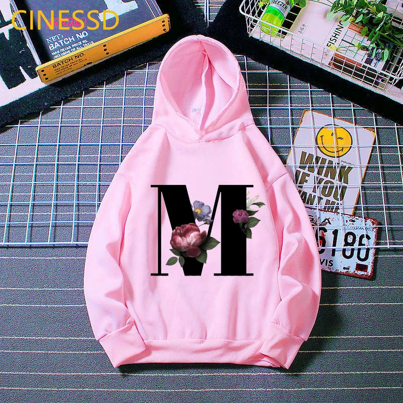 Letters 26 English Alphabet flowers print pink cap sweatshirt for children kids girls winter clothes boys plus velvet hoodies