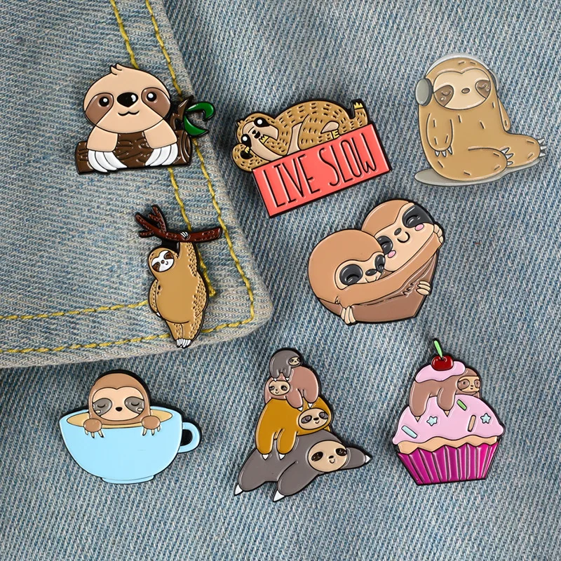 Cartoon Cute Animal Sloth Cake Sleeping Cup Love Enamel Brooch Custom Alloy Badge Clothes Bag Pin Woman Jewelry Gift For Friends