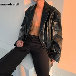 Mauroicardi Spring Black Reflective Crocodile Print Shiny Faux Leather Jackets for Men High Quality Fashion Leather Blazer 2022