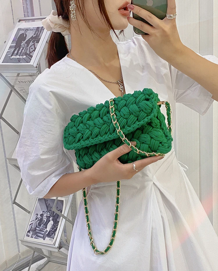 Hand Woven Bags for Women Strip Thread Hook Knitted Women\'s Shoulder/Crossbody Bag Clutch Bag 2024 Winter Female Messenger Bags