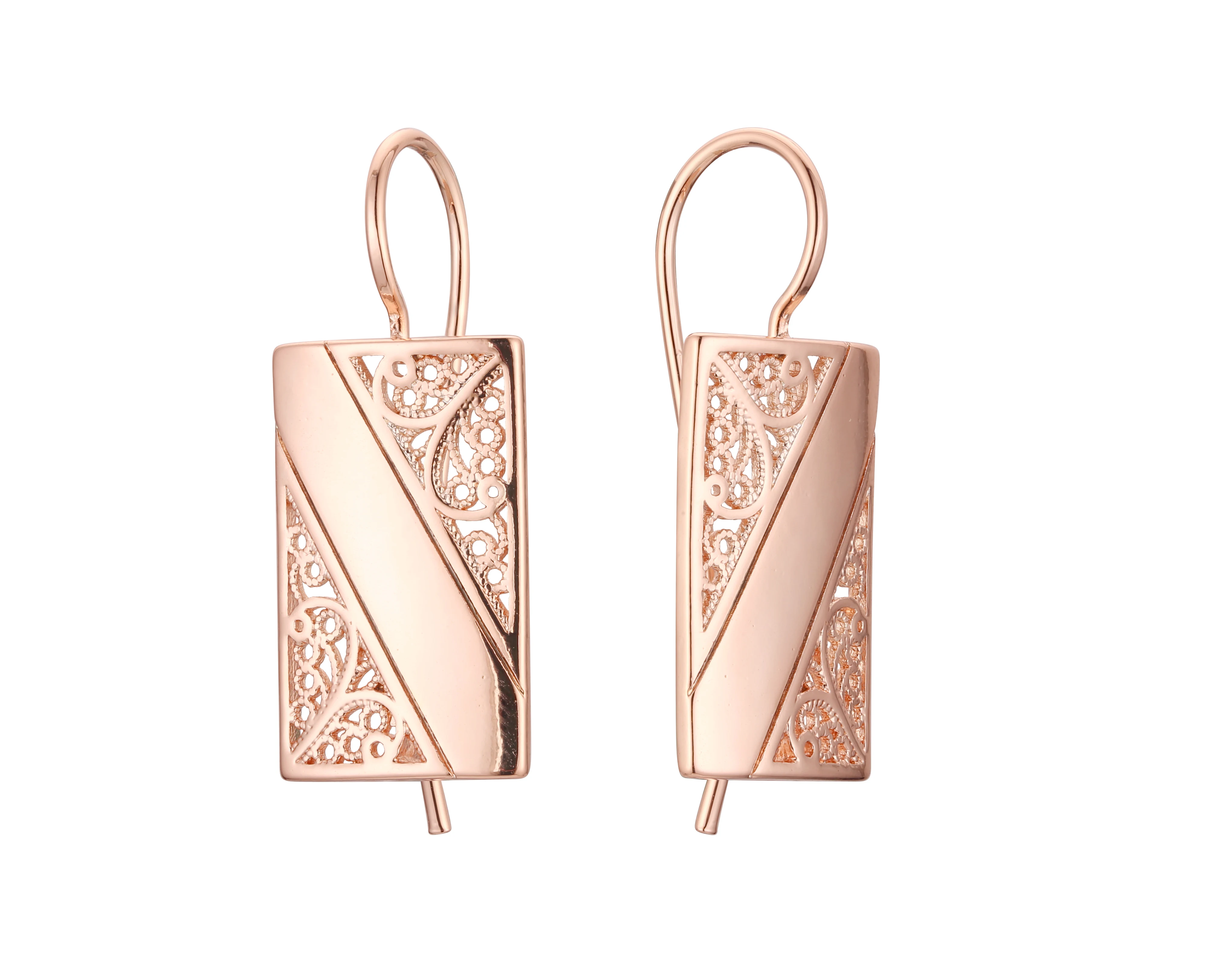 Hot Fashion Glossy Long Dangle Earrings 585 Rose Gold Square Hollow Unique Carved Women Classic High Quality Daily Fine Jewelry