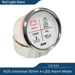 KUS 52mm Alarm Gauge Meter 9~32V Volt/Oil/Water Temp/Check Engine 4 LED Alarm Indicator Gauge fit Car Boat With Backlight