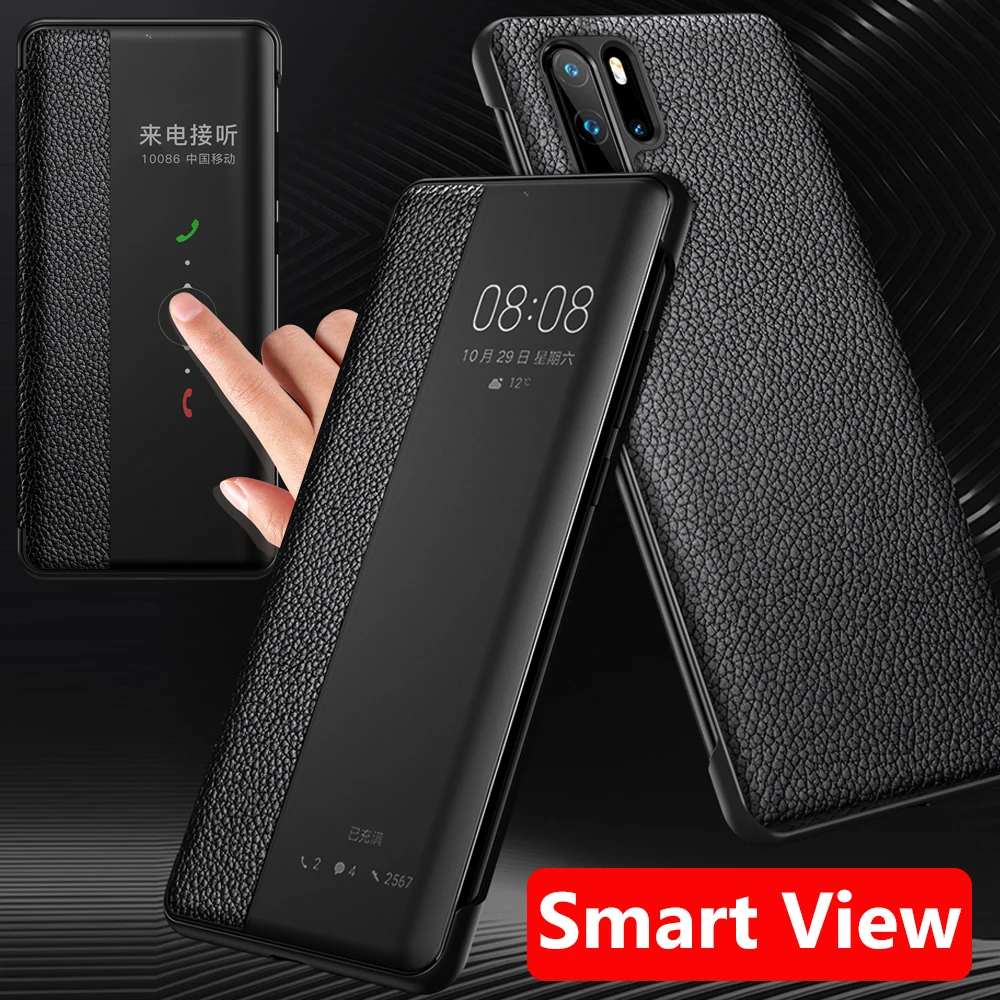 Genuine Leather Flip Cover For Huawei P30 Pro Case Luxury Original Smart Touch View Wake Sleep Up Protection