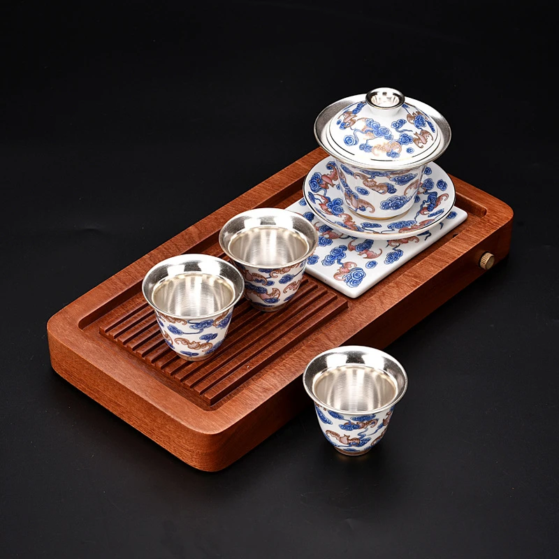 999 silver Chinese gift Silver Tea set Gaiwan/pot cups Rosewood tea tray Pure silver plating office travel teaset