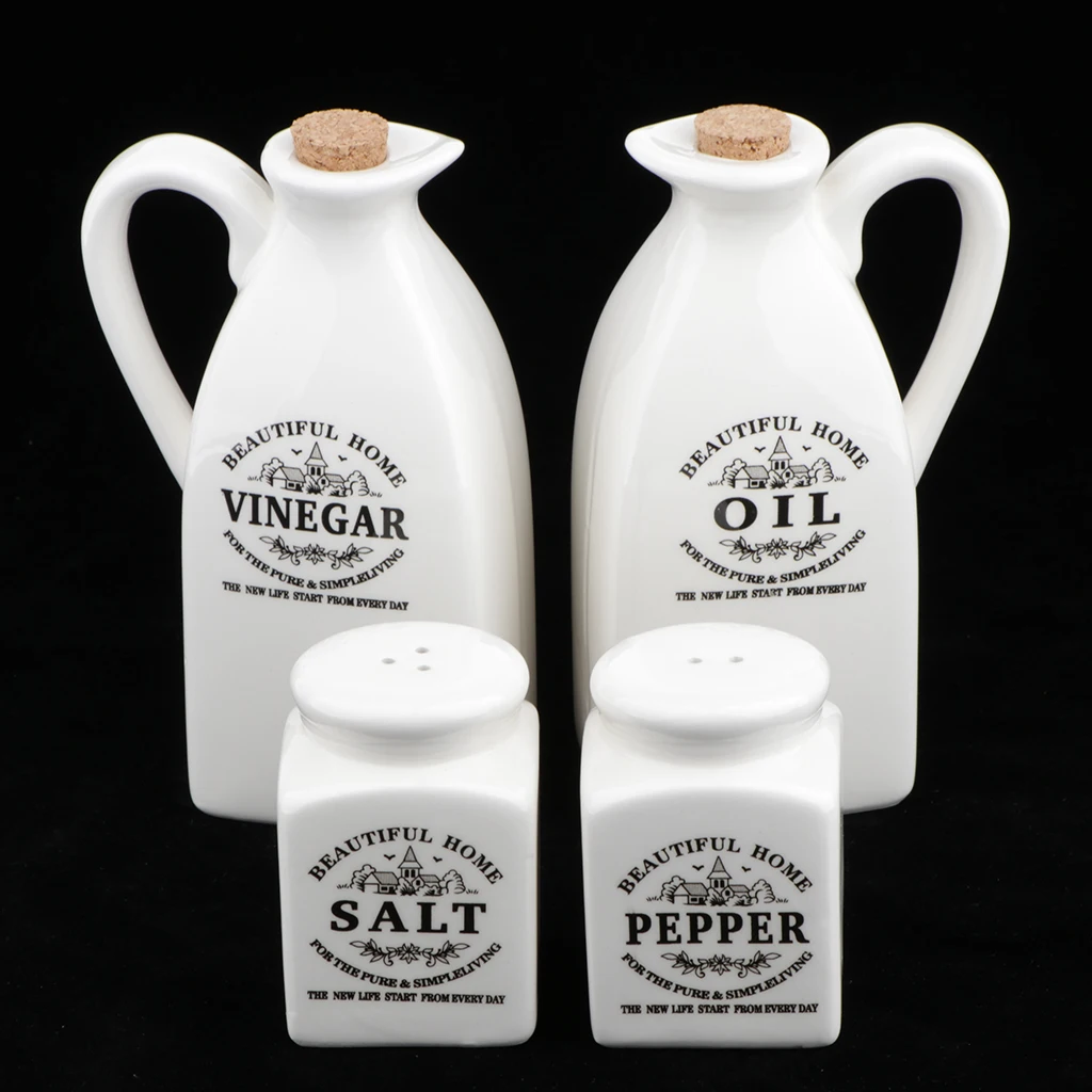 4Pcs White Ceramic Cruet Set For Oil Vinegar Salt Pepper Kitchen Tool Gadget