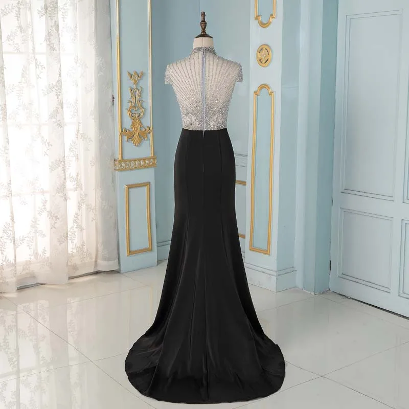 Elegant Black Crystals Mermaid Evening Dresses Long Cap Sleeve Formal Evening Gown YQLNNE