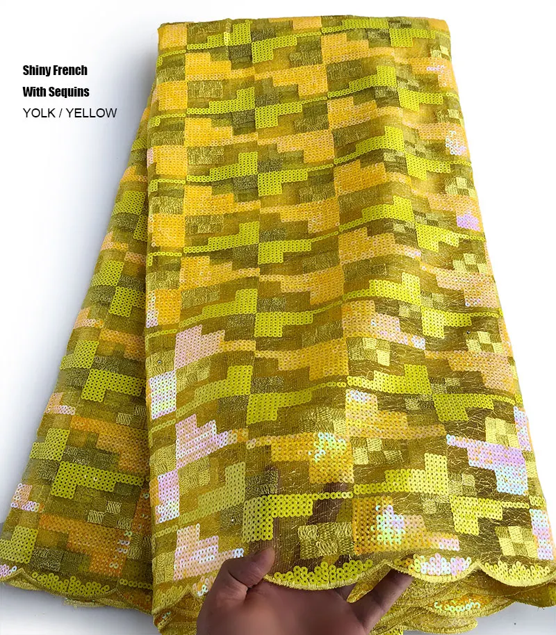 5 yards Yolk Yellow Shiny African French lace tulle fabric Nigerian Ghana sewing clothes with sequins high quality