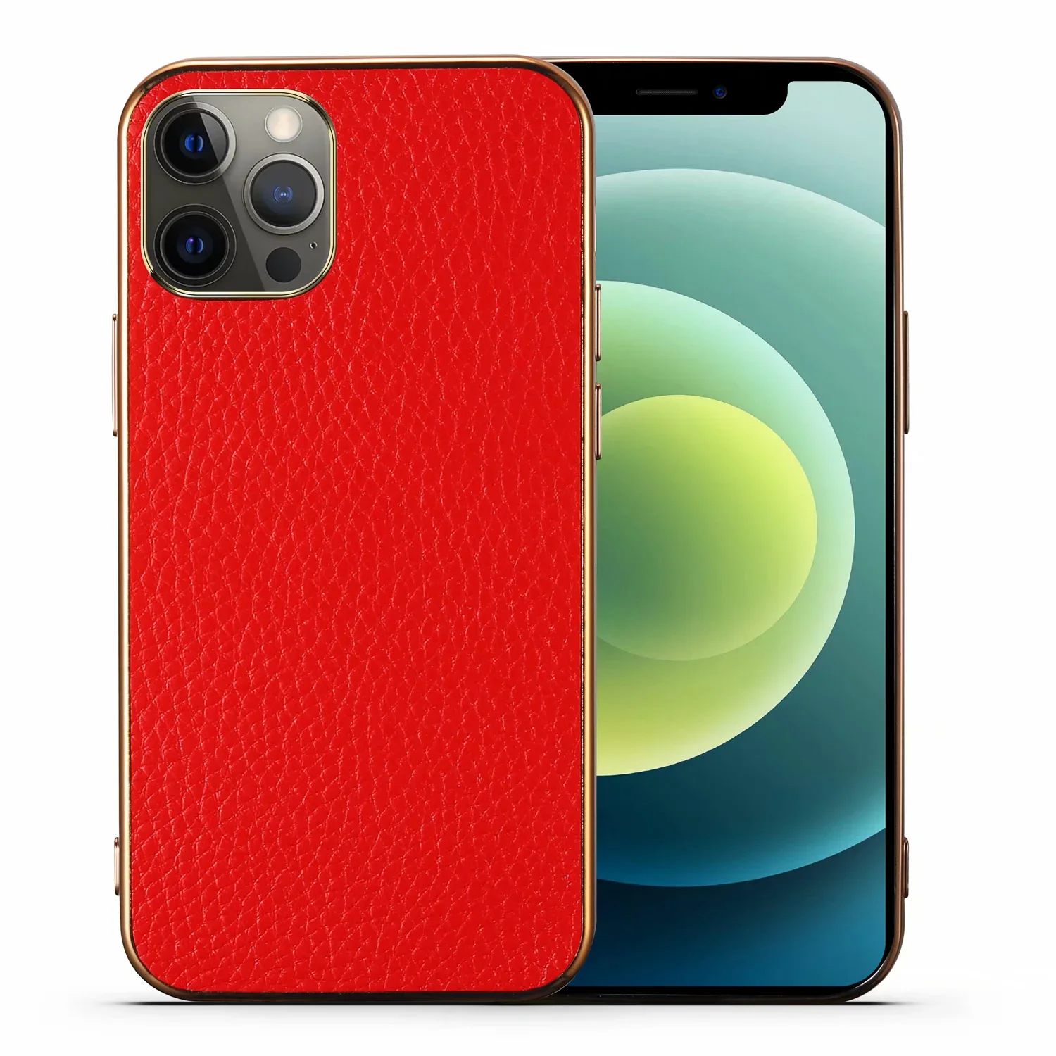 Shockproof Litchi Pattern Genuine Leather Gold Plating Case for iPhone 13 12 Mini Pro Max 11 X XR XS