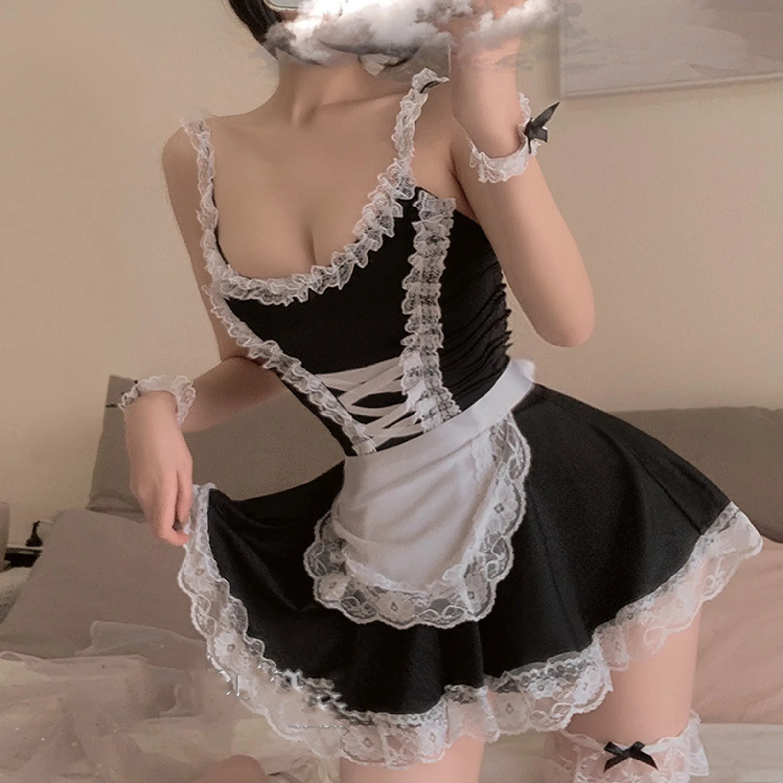 

Women Sexy Lace Maid Splicing Sling Siamese Thong Underwear Maid Skirt Dress Stage Performance Story Party Waitress Clothes