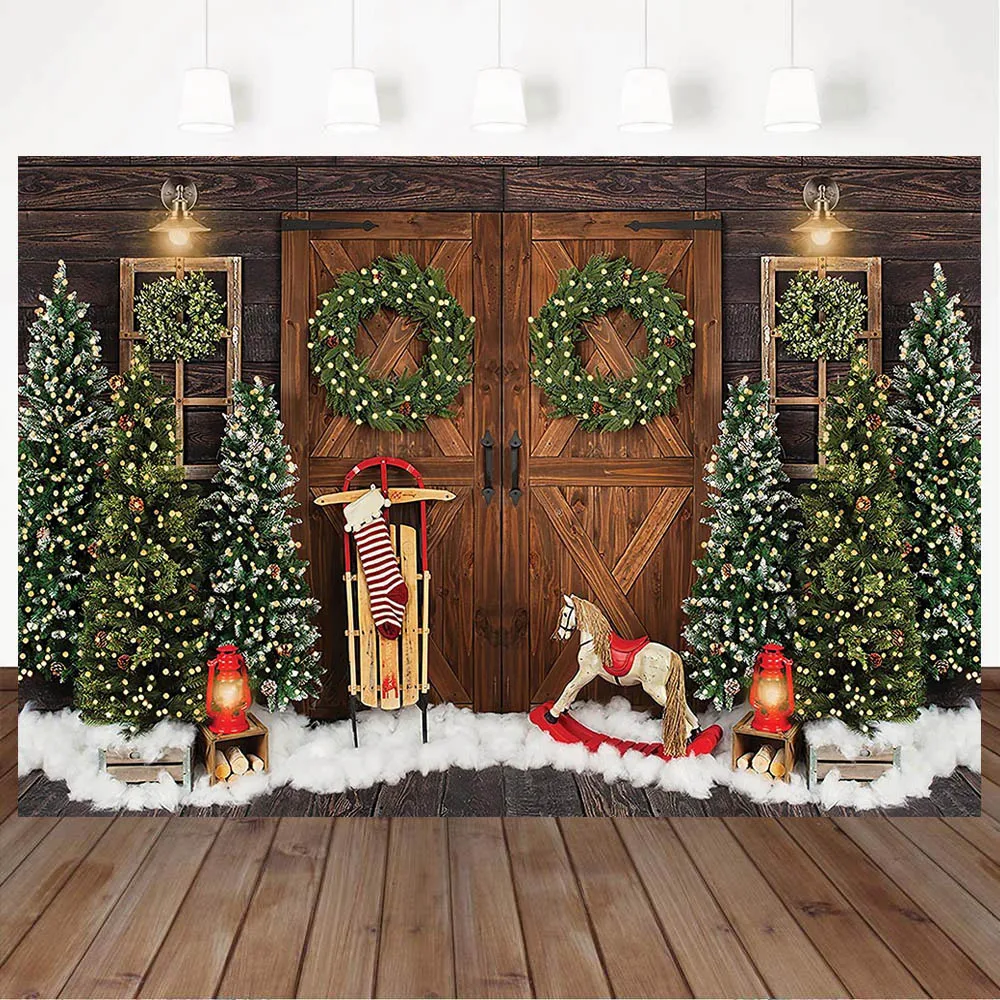 Mocsicka Wood Door Christmas Backdrop Snow Newborn Photography for Photo Studio Christmas Tree Garland Child Kid Photocall Props