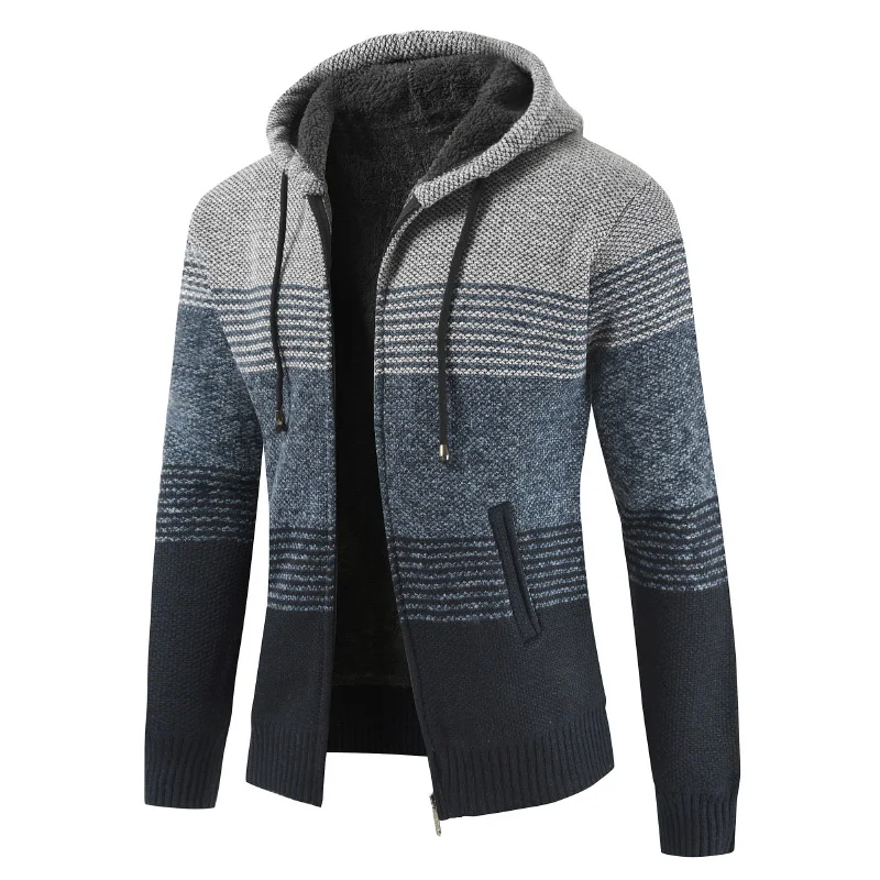 Cardigan à capuche chaud pour homme, manteau pull, doublure en laine rayée, fermeture éclair, combinaison Smile, optique d\'hiver, 2024