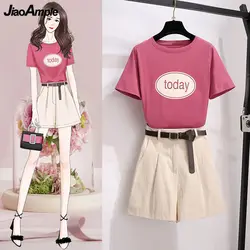 Large Size Women's Clothing Set Summer 2025 New Girls Student Leisure Loose T-Shirt Shorts Pants Suit Lady Letter Short Sleeve