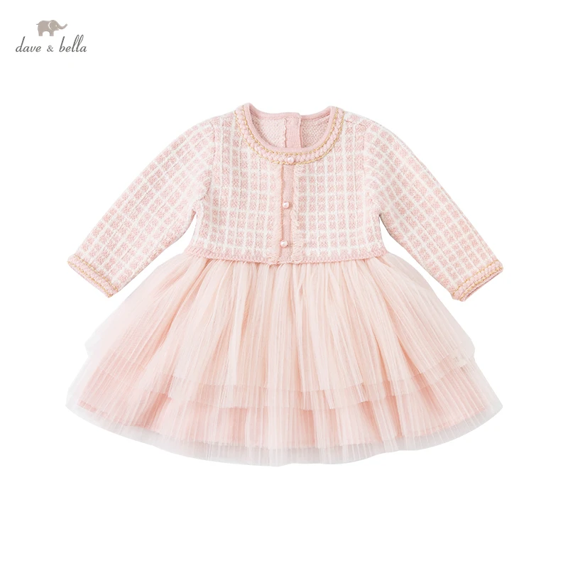 DB20029 dave bella autumn baby girl\'s cute plaid mesh sweater dress children fashion party dress kids infant lolita clothes