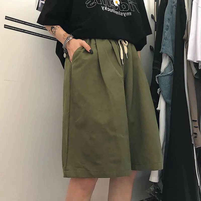 High Street Knee Length Shorts Women Harajuku Couples Retro Drawstring Wide Leg Workout Short Trousers Loose BF Cargo Streetwear