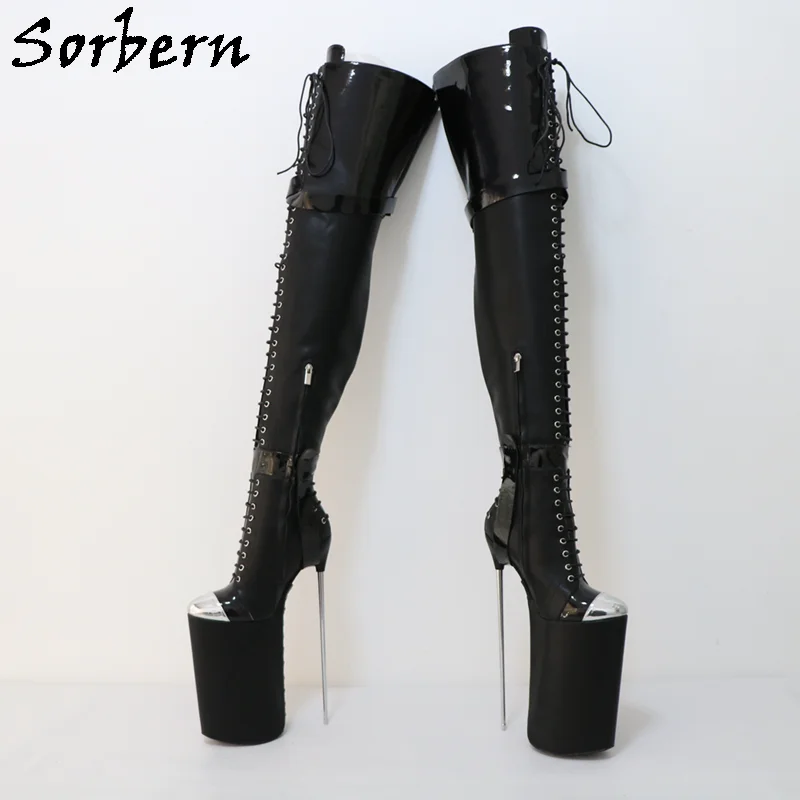 Sorbern 30Cm Metal High Heel Boots Unisex Crotch Thigh High 75Cm Real Leather Women Long Platform Boots Half Zipper