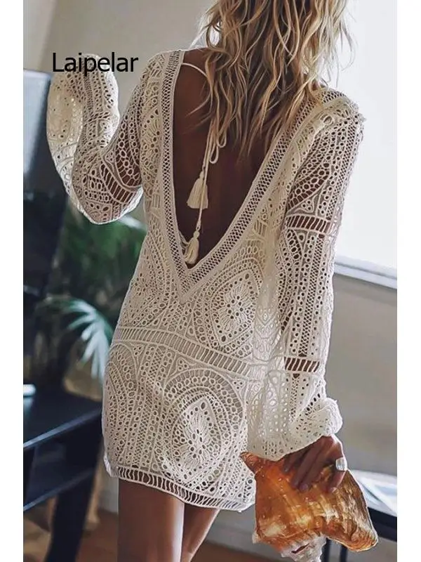 

Sexy Backless Beach Swim Coverup Summer Dresses White Lace Dress Women Tunic Robe Vintage V-Neck Boho Vestidos