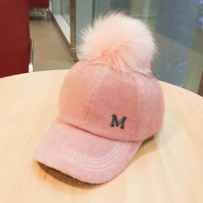 Winter thickened ladies fur ball hat letter M Baseball Cap retrro caps women bone gorras curved fitted washed vintage dad hats