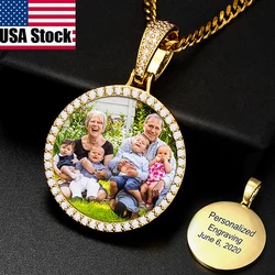 Collier avec pendentif Photo personnalisé pour hommes, médaillon rond, bijoux Hip Hop, nom gravé, chaîne en Zircon, cadeau