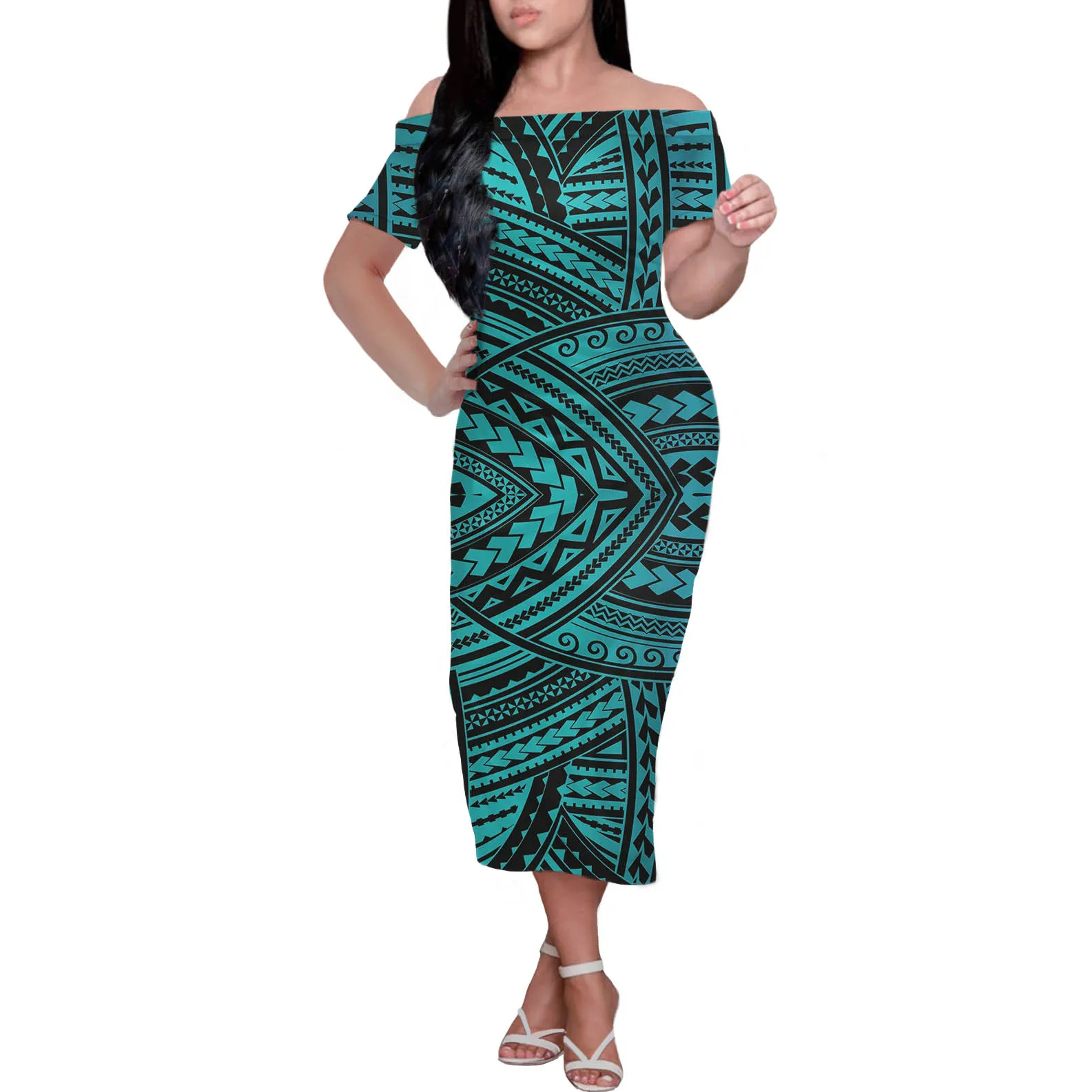 HYCOOL Elegant Blue Skinny Tube Dress Strapless Long Sexy Dress Polynesian Hawaii Dress Party Night Off Shoulder Vestidos Femme