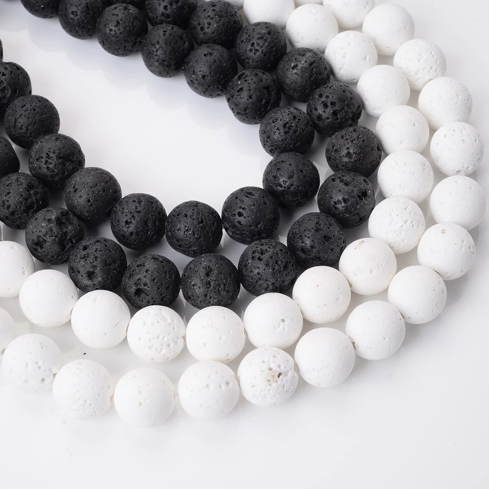 Natural Black White Lava Stone Beads Round Loose Beads Spacer Volcanic Rock For Jewelry Making DIY Bracelet Wholesale 4-14mm