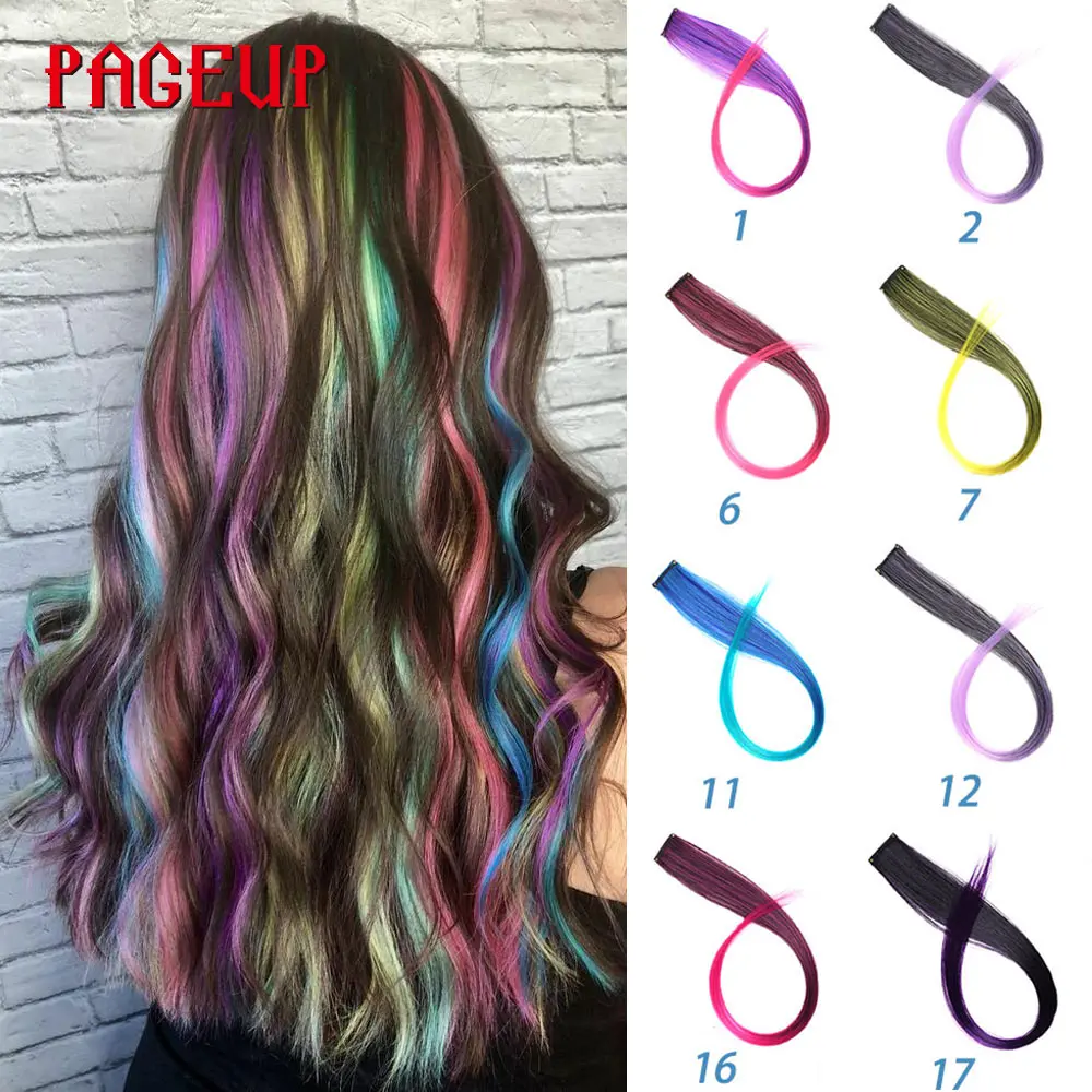 Pageup Rainbow Hair Extension Clip One Piece Synthetic Fake Colored Hair Pieces Pink Long 20