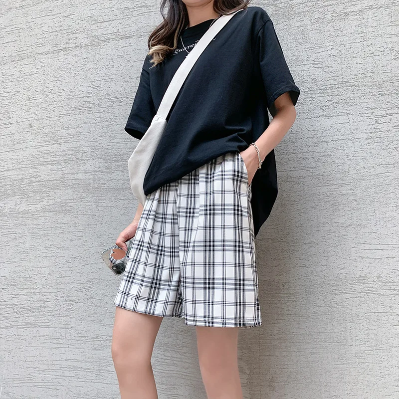 

Shorts Women Summer Black Plaid Cotton Loose Korean-Style Students Couples Female All-Match Knee-Length Trendy Ins Vintage Chic