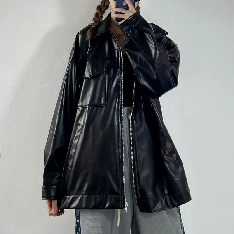Giacca da donna con cerniera da motociclista Streetwear High Street giacca in pelle Harajuku Y2K giacca invernale da donna coreana allentata Casual