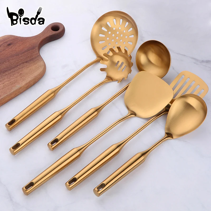 

1/10Pcs Kitchen Utensil Cooking Tool Stainless Steel Slotted Turner Long Handle Ladle Skimmer Gold Food Server Kitchenware Set