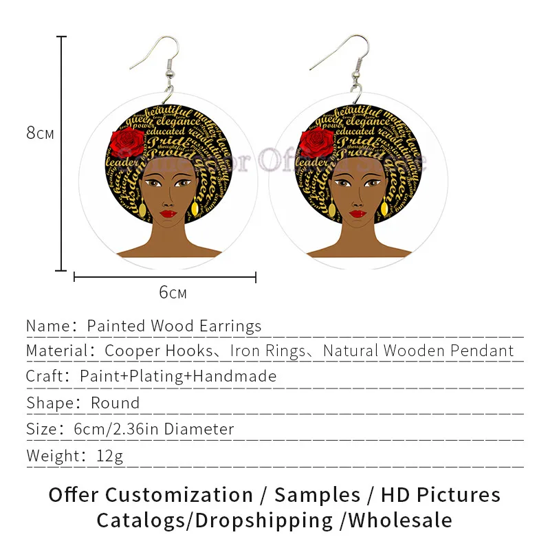 SOMESOOR African Beauty Melanin Queen Printed Wooden Drop Earrings Rock Girl Afro Natural Hair Designs Big Wood Loops For Women